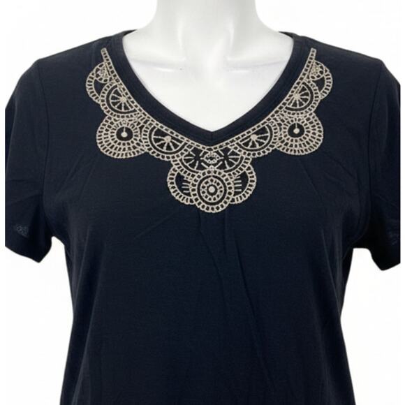 Faded Glory Shirt Plus 2X Black Embroidered Neckline Short Sleeves Cotton Boho - Picture 1 of 6